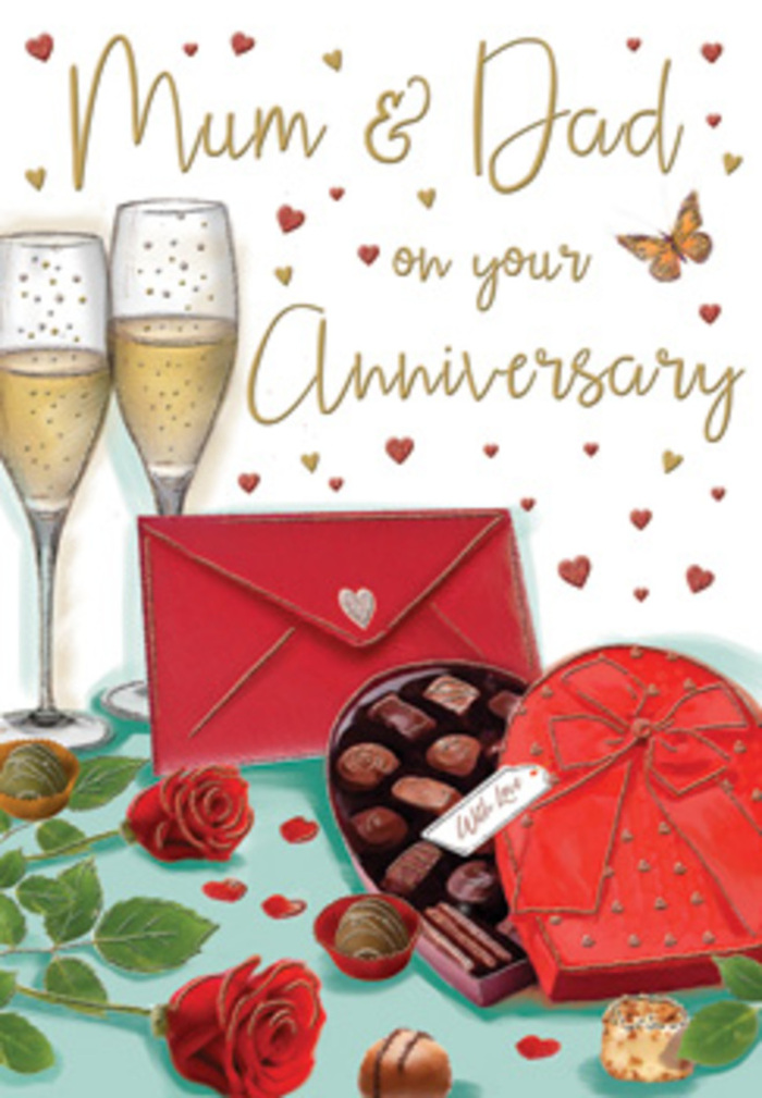 The anniversary card pictured here is composed like a romantic vignette, a tender scene that could easily mirror an intimate celebration in a Belvedere home after flowers have been delivered and the table carefully set. Two tall champagne flutes command the upper centre of the design, their slim stems rising from an unseen surface, each glass filled with sparkling golden champagne. Tiny bubbles gather and climb within the liquid, catching soft highlights that suggest gentle candlelight or a warmly lit room. In the foreground, a luxurious heart-shaped box of chocolates, in deep red and edged with a subtle sheen, lies open so that the viewer can see the tempting array of truffles tucked in place. Some chocolates appear slightly irregular and richly textured, evoking a sense of indulgence and shared treats after dinner. Resting alongside is a pair of classic red roses, their blooms full and velvety, the petals overlapping in tight spirals and soft outer curls. They sit on a cushion of rich green leaves, very much like the premium roses we handpick for anniversary designs in Belvedere, their imagined scent sweet and familiar. Small gold and crimson hearts drift across the soft neutral background, framing the central elements and hinting at a message of love, sometimes directed to Mum & Dad or a cherished couple. A bright scarlet envelope, sealed and slightly shadowed, lies nearby, implying handwritten words of gratitude, admiration, or shared memories, perhaps prepared after a peaceful walk around nearby Lesnes Abbey Woods. The whole scene is bathed in a warm, flattering glow, creating an atmosphere of comfort, closeness, and celebration, as if inviting the viewer into a quiet, meaningful moment between two people who have built a life together in Belvedere.