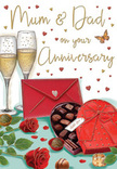 This illustrated anniversary card captures a lovingly prepared celebration scene, full of small, thoughtful details that feel perfectly suited to a Belvedere couple marking another year together. At the centre, two slender champagne flutes stand side by side like loyal companions, filled with pale golden fizz. The bubbles seem frozen mid-dance, climbing toward the rims and catching glints of soft light, echoing the promise of a shared toast at the end of a long day. Just in front of the glasses, a heart-shaped chocolate box in rich, romantic red sits open, its lid tipped back to reveal a neatly arranged selection of glossy truffles and pralines, some slightly darker, some lighter, all invitingly rounded. A generous red ribbon loops around the box, its satiny surface catching highlights and casting gentle shadows. To one side, two lush red roses rest on a bed of deep green leaves, the petals tightly layered in the centre and soft at the edges, just like the fresh, velvety roses we choose each morning for anniversary orders across Belvedere. Their imagined fragrance mingles in the mind with the sweet aroma of chocolate. A bright scarlet envelope, sealed with care, lies nearby, suggesting a heartfelt message, perhaps written for Mum & Dad or a beloved pair living near Belvedere's station. Scattered around the composition, delicate gold and crimson hearts float across a warm, creamy background, adding movement, playfulness, and a sense of joy. The lighting is gentle and intimate, as though the scene is lit by ambient lamps in a quiet front room, capturing the cosy, enduring spirit of anniversary celebrations in Belvedere.